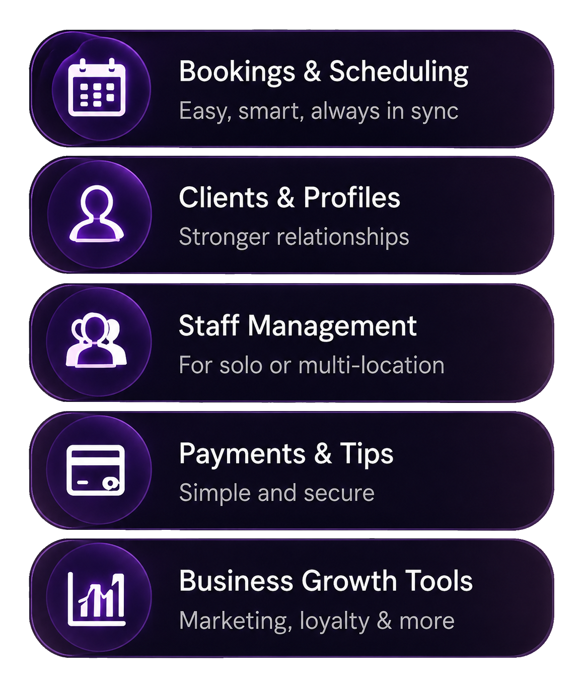Book With AI capabilities: Bookings & Scheduling, Clients & Profiles, Staff Management, Payments & Tips, Business Growth Tools