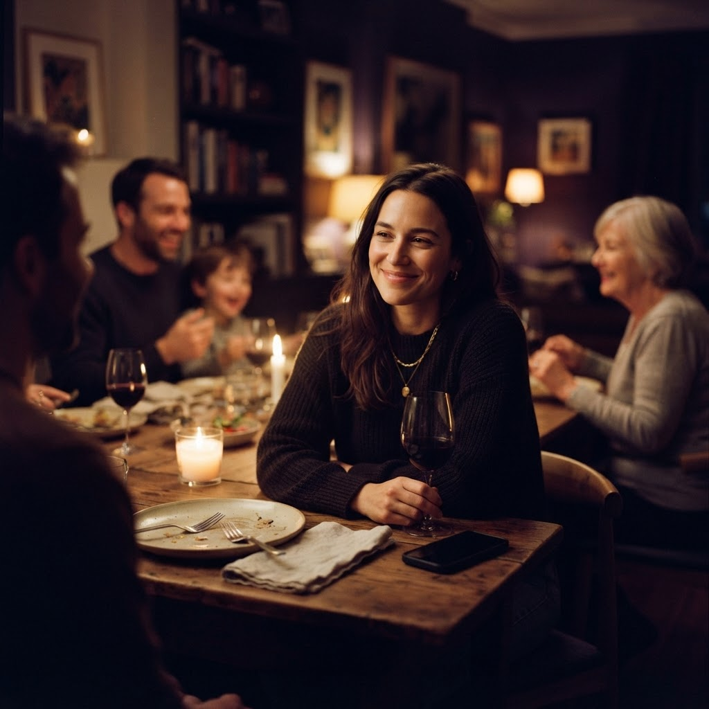 A woman relaxing peacefully at a warm family dinner, her phone lying calm and face-down