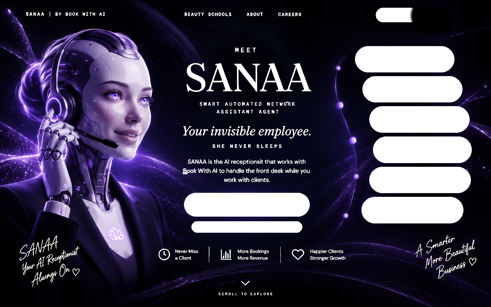 SANAA, an elegant AI receptionist in a purple cosmic environment