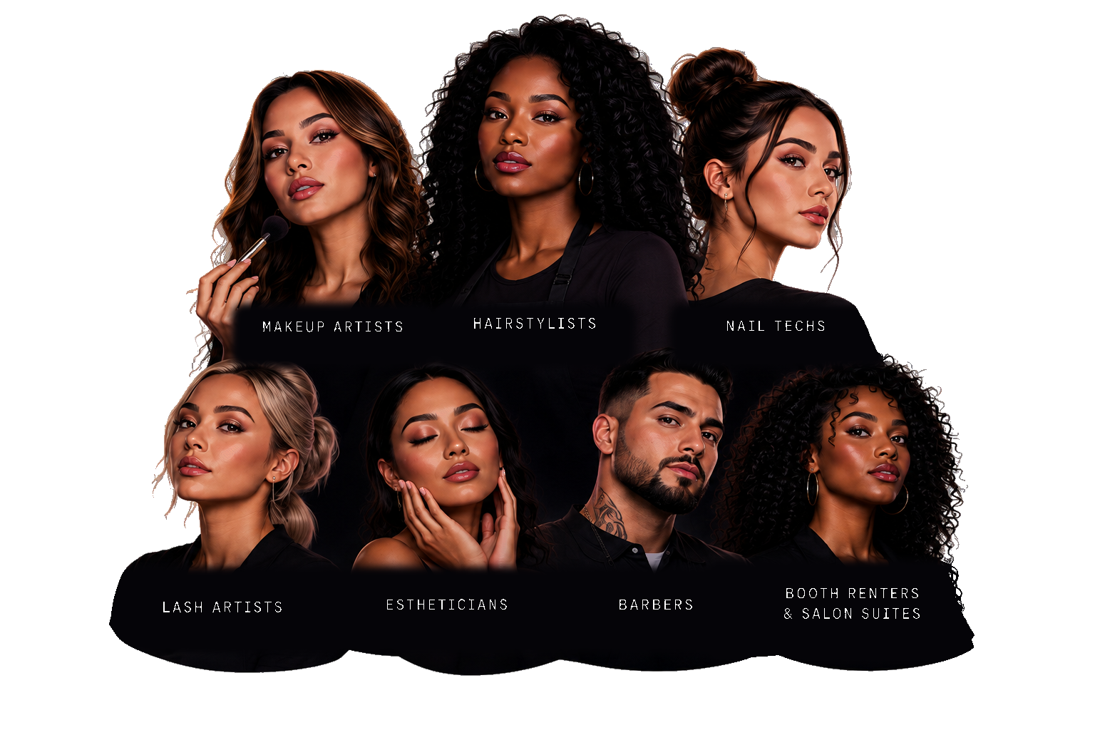 Seven makeup, hair, nail, lash, esthetics, barbering, and salon-suite professionals