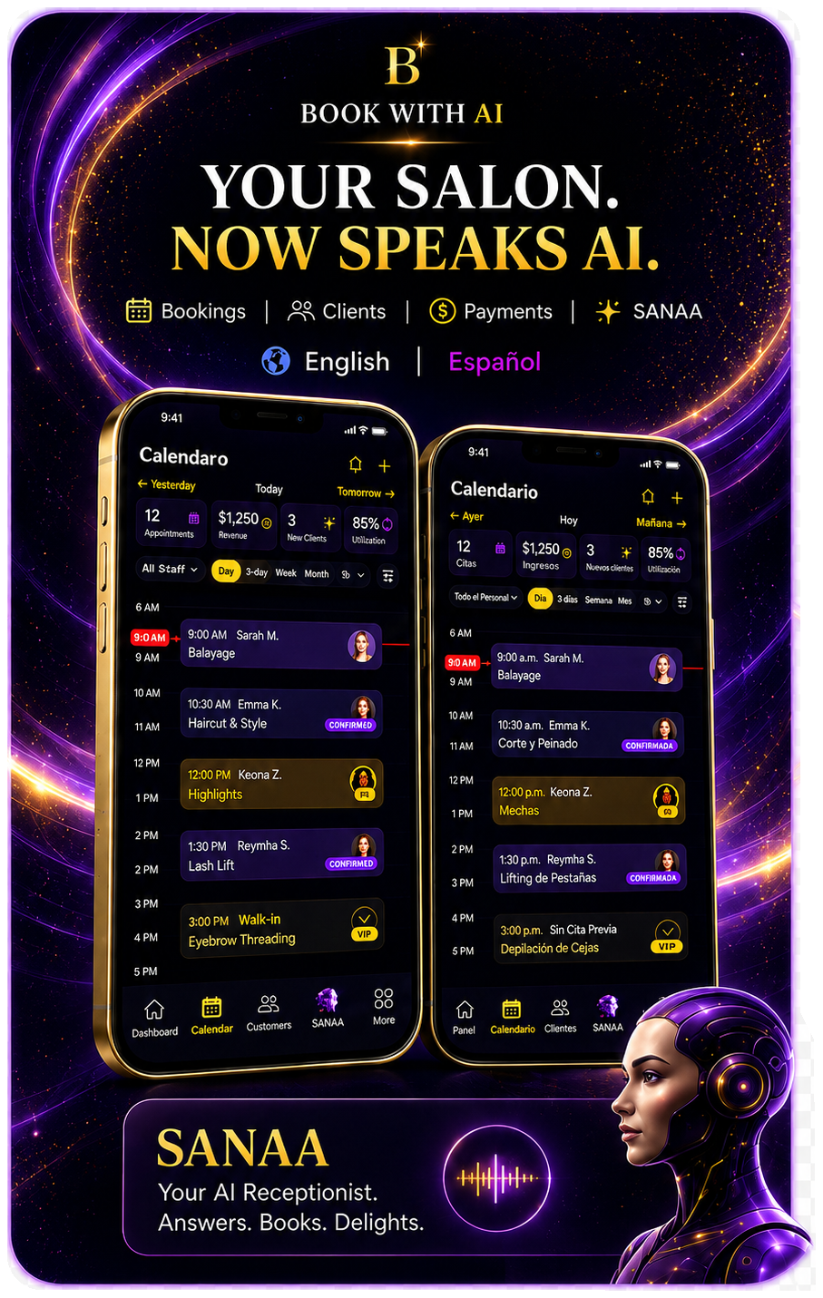 Book With AI — Your salon, now speaks AI. Bookings, Clients, Payments, SANAA — available in English and Español, with SANAA your AI receptionist